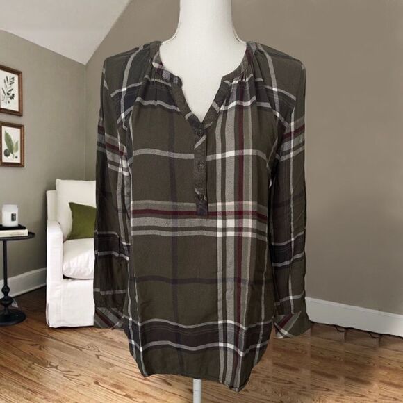 Universal Thread Olive Plaid Flannel High Low Tunic Top Sz M - Picture 2 of 11